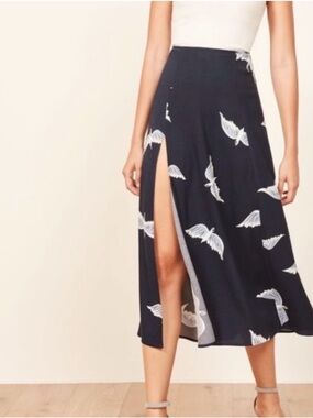 Reformation Zoe High-Slit Navy Printed Midi Skirt